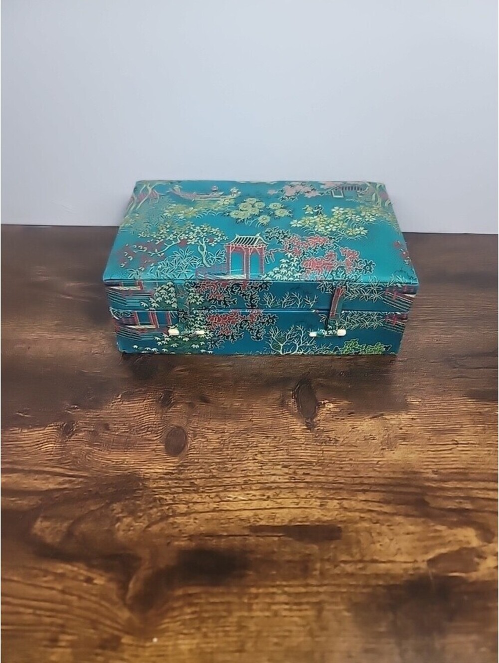 Vintage Chinese Jewelry Box Presentation Box Turquoise Red Yellow Dark Navy